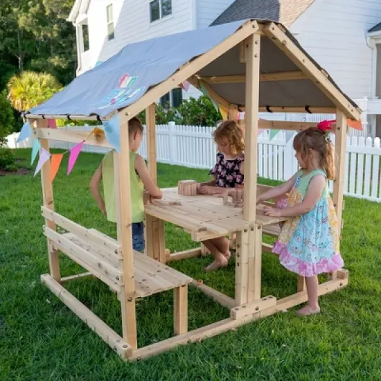 Funphix Kids Klubhouse Wooden Playhouse Outdoor Indoor, DIY Backyard Playhouse with Table & Benches image {2}