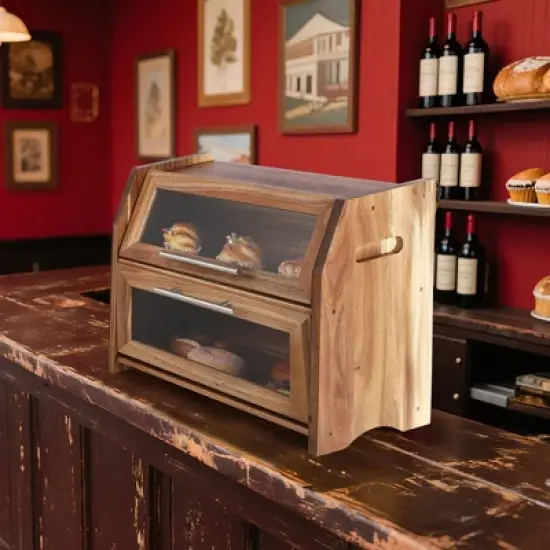 2 Layer Bread Box, Large Bread Bin with Clear Door Panels, Air Vents, Farmhouse Acacia Wood Bread Storage Container, Kitchen Countertop Bread Holder image {7}