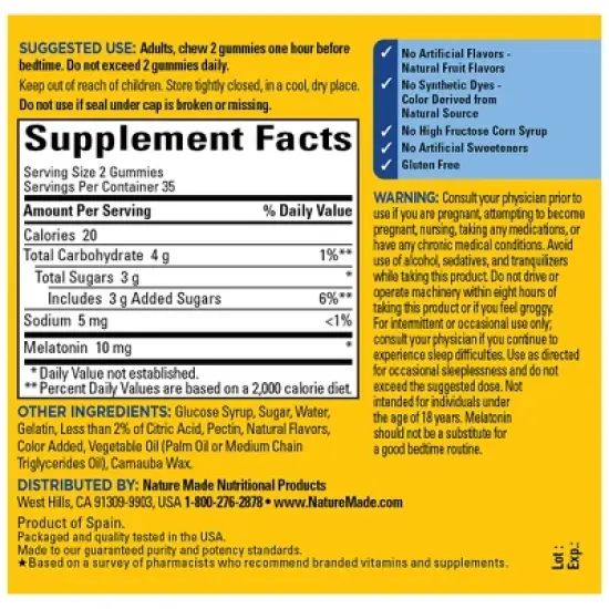 Nature Made Melatonin Maximum Strength 100% Drug Free Sleep Aid for Adults 10mg per serving Gummies image {2}