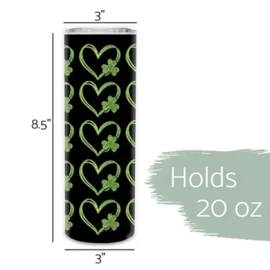 Elanze Designs St. Patrick's Day Shamrock Glittered Green Heart 20 ounce Stainless Steel Travel Tumbler with Lid For Your On The Go Beverages image {1}