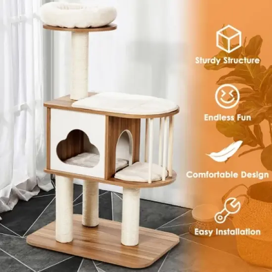 Costway 46'' Modern Wooden Cat Tree with Platform & Washable Cushions for Kittens & Cats image {6}