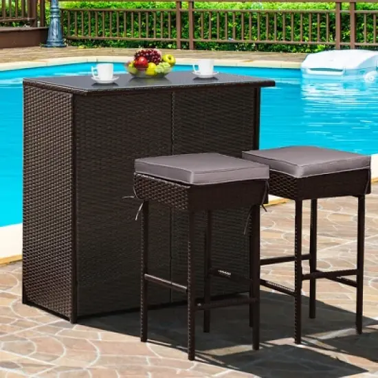 Costway Patio 3PCS Rattan Bar Table Stool Set Cushioned Chairs with  Cover image {10}
