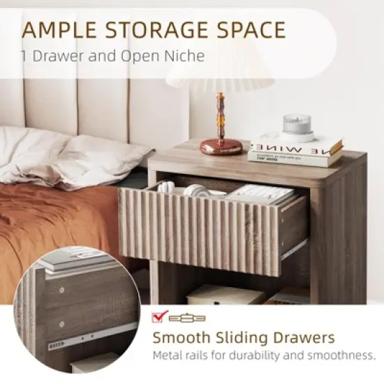 Stand Set of 2, Modern Farmhouse Nightstand, Fluted Nightstand with Drawer Storage, Mid Century Wood Bedside Table for Bedroom Living Room Sofa Office image {4}