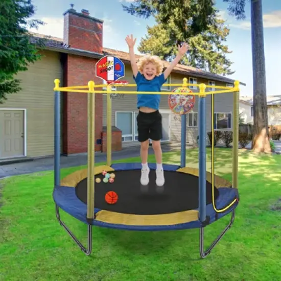 SUGIFT 60'' Kids Trampoline with Safety Enclosure Net, Basketball Hoop & Dartboard, Indoor Outdoor Toddler Trampoline image {1}