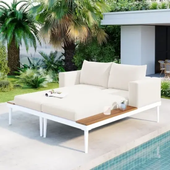 Okak Modern Oversized Outdoor Chaise Lounge,2 in 1 Padded Chaise Lounges with Wooden Side Tables and Adjustable Legs for Poolside,Deck,Garden image {5}