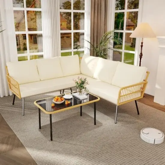 4 Pieces Outdoor Patio Furniture Set, All-Weather Wicker Rattan Sectional L-Shaped Set with Glass Top Coffee Table & Cushioned Chairs image {8}