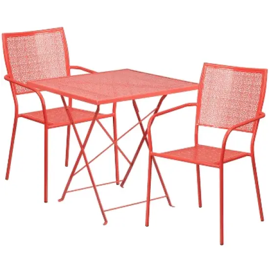 Emma and Oliver Commercial 28" Square Metal Folding Patio Table Set w/ 2 Square Back Chairs image {5}