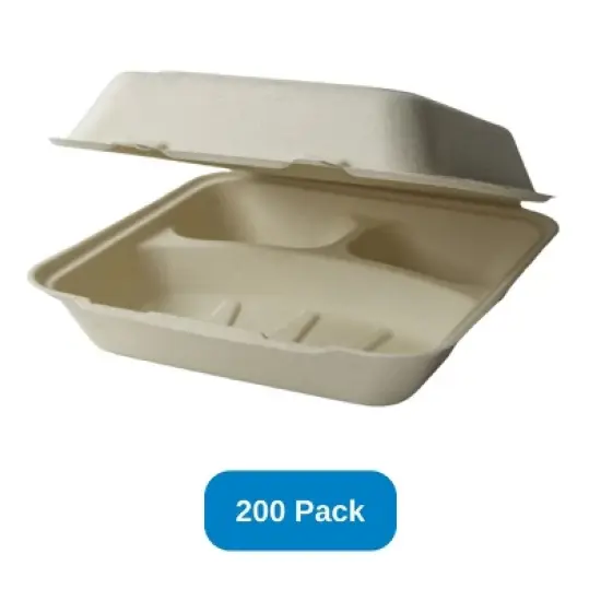 Green Paper Products 9" x 9" x 3" Clamshell 3 Compartment Natural Plant Fiber - Case of 200 image {3}