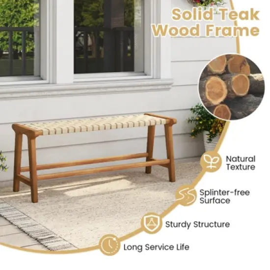 Tangkula 47" Long Teak Wood Patio Bench w/Weave Seat Solid Wood Legs Backless for Porch image {7}