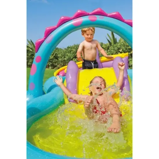 Intex 11ft x 7.5ft x 44in Dinoland Inflatable Kiddie Swimming Pool with Slide, Dino Arch Water Sprayer and Games for Ages 2+ image {1}
