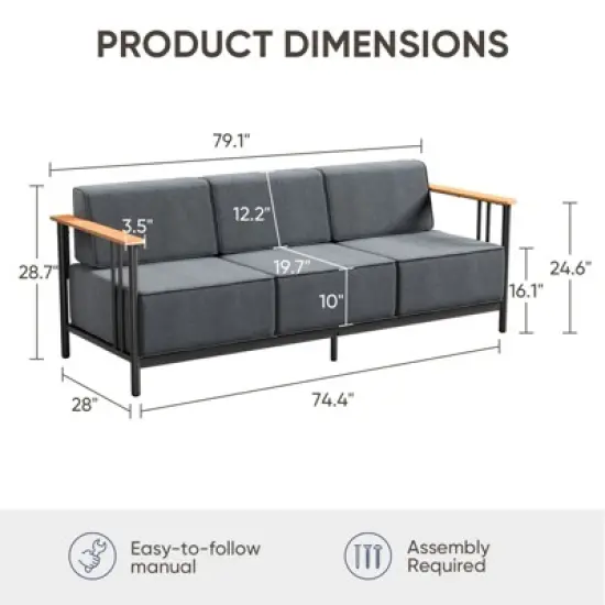 Belord Patio Couch with 10" Thick Seat Cushion, Metal Outdoor Sofa with Faux-Wood Armrest and Deep Seat, Luxury Comfort Pure Foam Cushion for Balcony image {7}