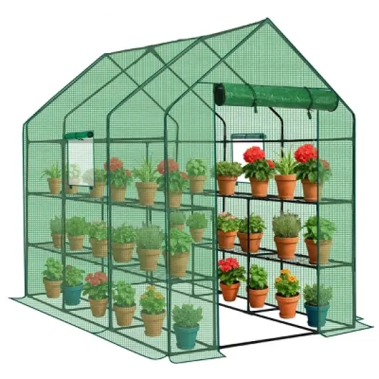 SEVOBAL Greenhouse Outdoor Durable PE Plant Green House for Frost Protection Shelf Clips Roll-up Zipper Door Walk-in for Planter, Green, 99"*37"*17" image {5}
