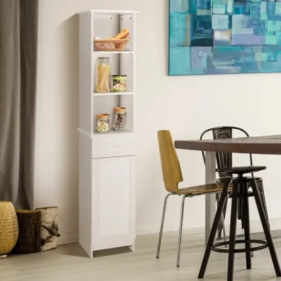 Costway Bathroom Tall Storage Cabinet Freestanding Linen Tower w/ Open Shelves & Drawer image {4}