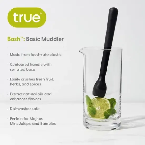 True Bash Muddler, Serrated Base, Bar Tools and Cocktail Accessories, Food Safe Plastic, Dishwasher Safe, Black, 8.25 Inch, Set of 1 image {1}