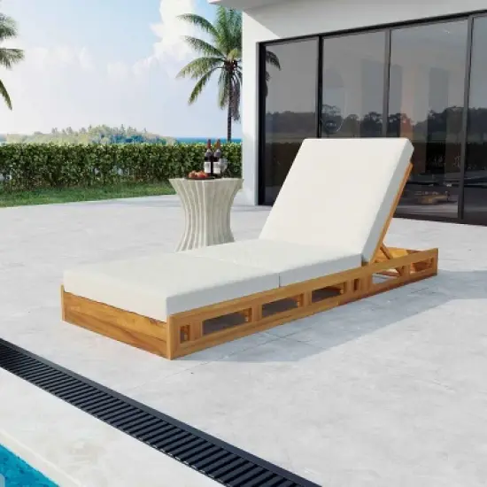 Outdoor Chaise Lounge Set, Chaise Lounge with Adjustable Backrest and Triple-Fold Cushion, Acacia Wood Frame Chaise Lounge-Coolbibila image {7}