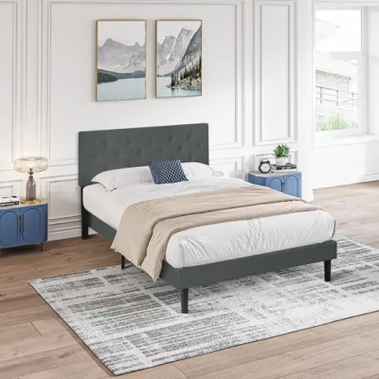 Okak Modern Platform Bed Frame with Upholstered with Linen Fabric Button Tufted Headboard Wood Slats No Box Spring Needed Easy Assembly image {2}