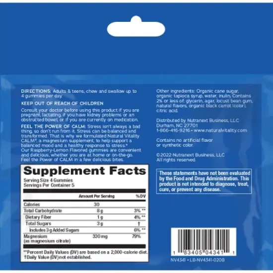 Natural Vitality Calm Magnesium Supplement Gummies, Raspberry Lemon, 330 mg, 20 Count image {3}