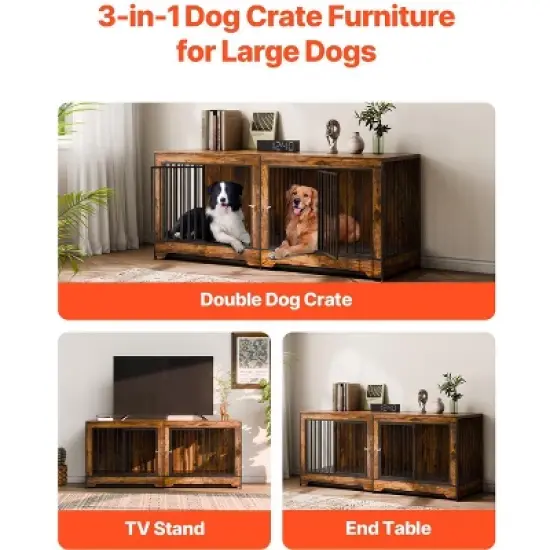 VEVOR 75" Dog Crate Furniture for 2 Dogs, Extra Large Double Dog Crate Furniture, Large Wooden Dog Crate Furniture TV Stand,  Brown image {5}