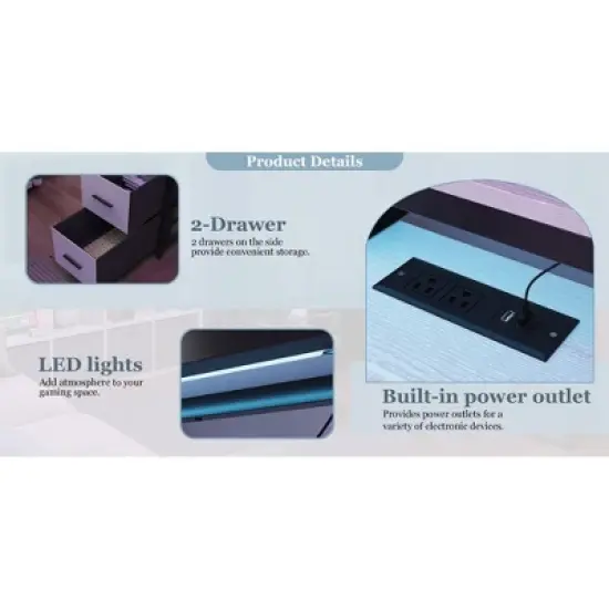 Famapy LED Gaming Desk Computer Desk with Metal Frame, Built - in Power Outlet, Drawers, and Elevated Dual - Layer Desktop image {11}