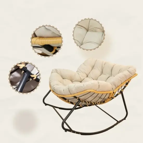 Outdoor Rocking Chair, Patio Egg Rocking Chair, Indoor Passant Chair, Rattan Wicker Lounge Chair, Modern Royal Chair for Bedroom, Living Room, Beige image {2}