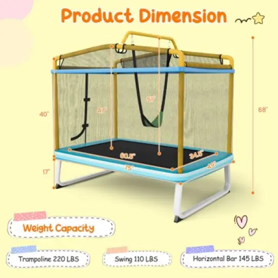 Infans 6FT Rectangle Trampoline with Swing, Mini Kids Trampoline with Net, Horizontal Bar, 2 Way Zippers, Recreational Trampoline for 3+, Blue/Yellow image {6}