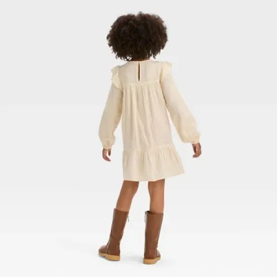 Girls' Long Sleeve Woven Dress - Cat & Jack&trade; Cream/Gold image {1}