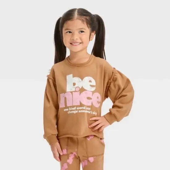 Grayson Mini Toddler Girls' 'Be Nice' French Terry Puff Sleeve Crewneck Sweatshirt - Brown image {3}