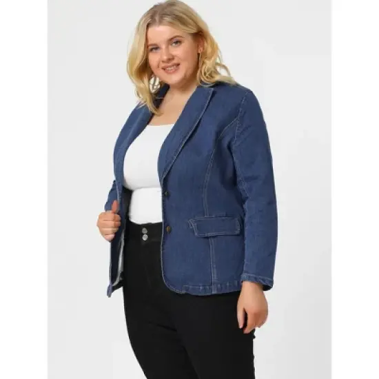 Agnes Orinda Women's Plus Size Denim Notched Lapel Color Block Stretch Blazer image {3}