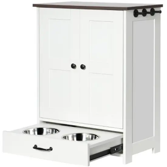 White Hidden Dog Feeding Station, Pull-Out Dog Bowl Cabinet with 2 Hidden Bowls & Adjustable Panel, for Medium-Sized Dogs &ndash; Cuddlewood image {4}