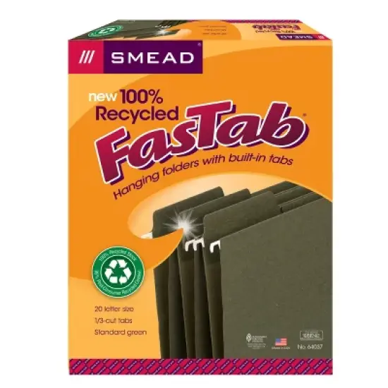 Smead 100% Recycled FasTab  Hanging File Folder,  1/3-Cut Built-In Tab, Letter Size, Moss, 20 per Box (64037) image {5}