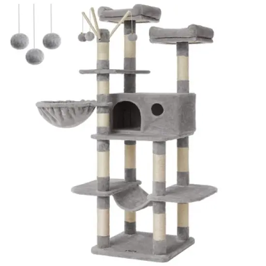 FEANDREA Cat Tree, Large Cat Tower, 64.6 Inches, Cat Activity Center with Hammock, Basket, Removable Fur Ball Sticks, Cat Condo image {4}