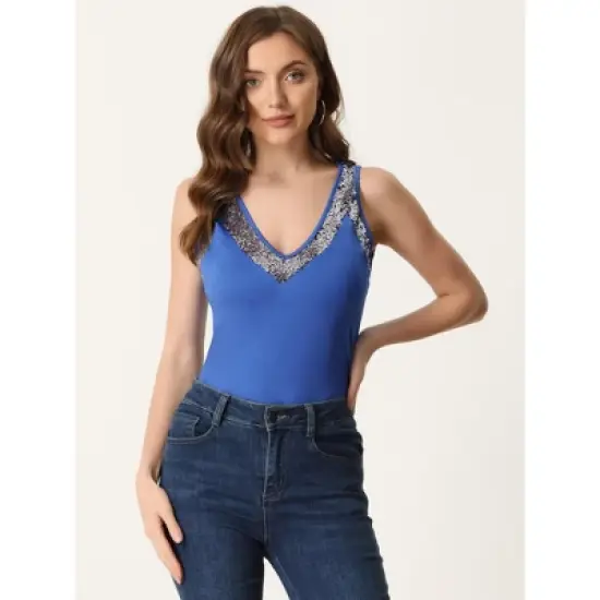 Allegra K Women's V Neck Sleeveless Shirt Sequin Trim Colorblock Tank Shirt Top image {1}