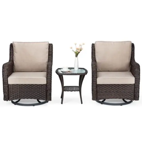 Outdoor Swivel Rocking Chair, 3 Piece Rattan Encrypted Patio Furniture Wicker Bistro Set,Beige image {1}
