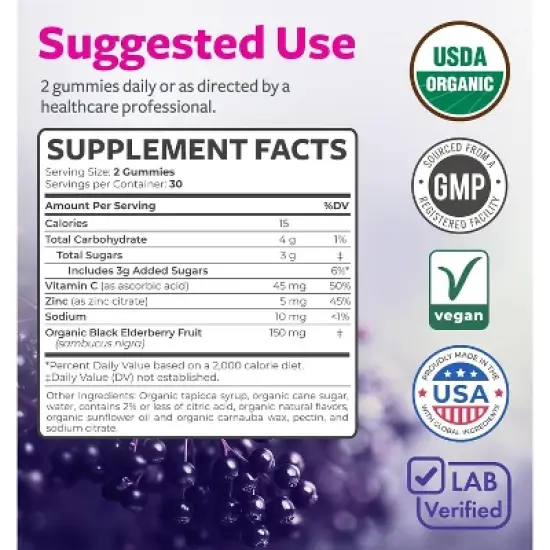 Organic Elderberry Gummies for Adults, Immune Support Supplement with Black Elderberry Vitamin C & Zinc for Daily Immunity, Pure Co, 60ct image {2}