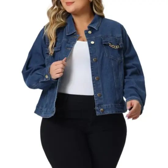 Agnes Orinda Women's Plus Size Button Up Long Sleeve Croped Denim Jean Jackets image {1}