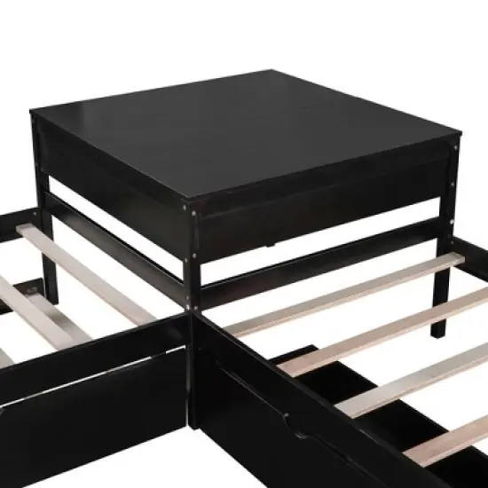 Twin Size Wood Platform Bed Frame, Triple Bed with Twin Trundle Bed, Drawers and Built-in Desk -ModernLuxe image {8}