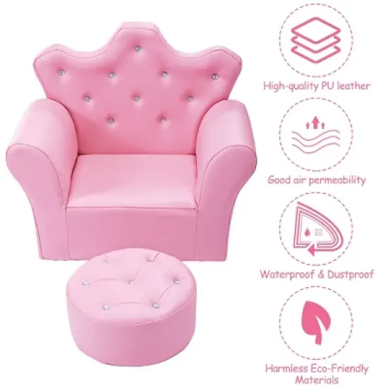 Costway Pink Kids Sofa Armrest Chair Couch Children Toddler Birthday Gift w/ Ottoman image {5}