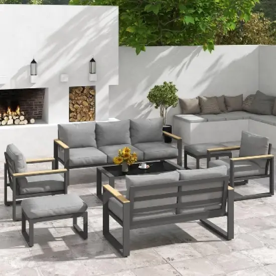 Heynemo 2 Pieces Aluminum Outdoor Patio Ottoman Set, Outdoor Foot Stools with Thick Cushion, Small Seat Furniture for Porch Balcony Backyard, Grey image {5}