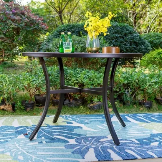 5pc Outdoor Dining Set with Stackable Swivel Chairs with Cushions & Round Metal Table with Umbrella Hole - Black - Captiva Hole image {1}