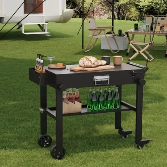 38 x 18 Inch Outdoor Grill Table with Wheels, BBQ Cart for Blackstone Griddle & Weber, Portable Kitchen Prep Station for Camping, Foldable Design image {7}