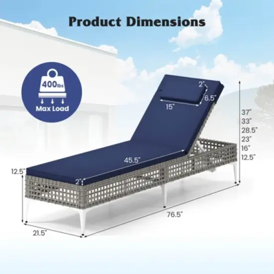 Costway 1/2 PSC Patio Chaise Lounge Chair with 6-Level Adjustable Backrest Removable Cushion Navy/White/Gray image {2}