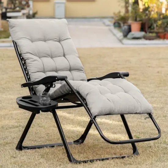 Outsunny Padded Zero Gravity Chair, Folding Recliner Chair, Patio Lounger with Cup Holder, Cushion for Outdoor, Patio, Deck, and Poolside, Gray image {1}