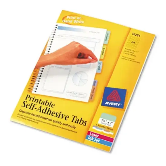 Avery Printable Plastic Tabs with Repositionable Adhesive, 1/5-Cut, Assorted Colors, 1.25" Wide, 96/Pack image {2}