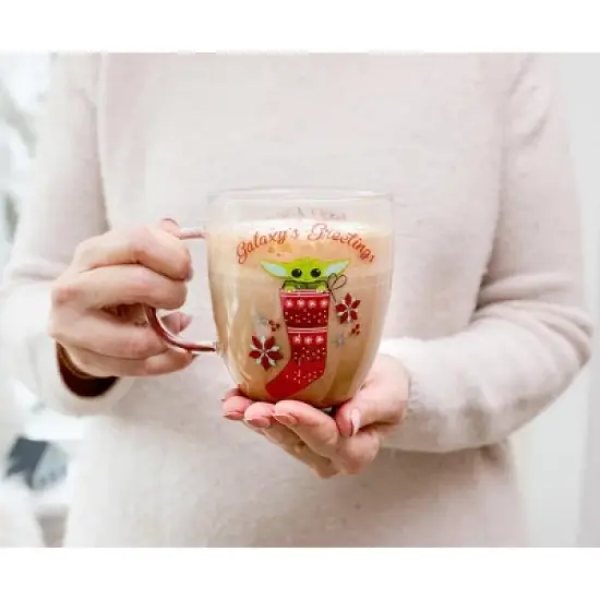 Silver Buffalo Star Wars: The Mandalorian Grogu Holiday Glitter Handle Glass Mug  | 14 Ounces image {4}