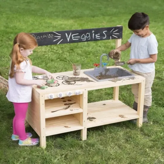 HearthSong Wooden Mud Kitchen & Sensory Play Station with Metal Accessories for Kids' Imaginative Play image {1}