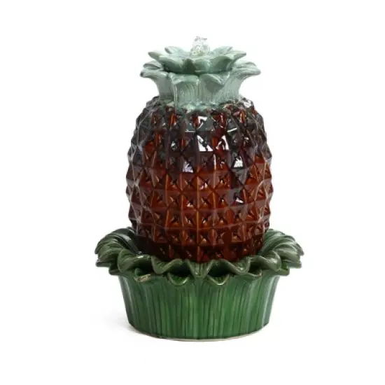 LuxenHome 17" Tabletop Ceramic Water Fountain, Pineapple Indoor and Outdoor Waterfall Fountains for Patio, Garden Decor Brown image {8}