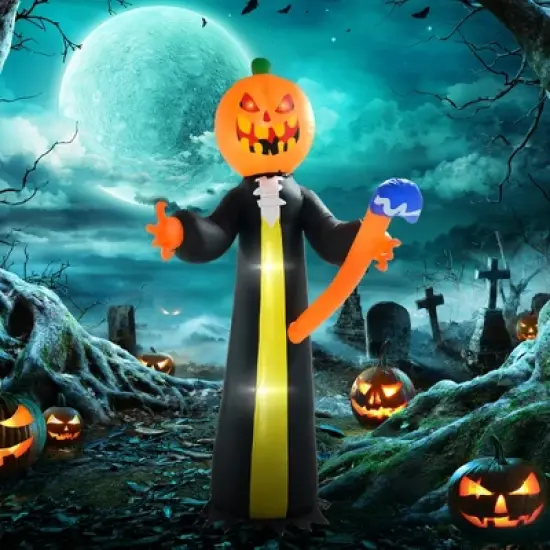 Outsunny 118.1" Inflatable Halloween Pumpkin Head Ghost with Hammer, Halloween Decoration with LED Lights for Garden Indoor Outdoor image {2}