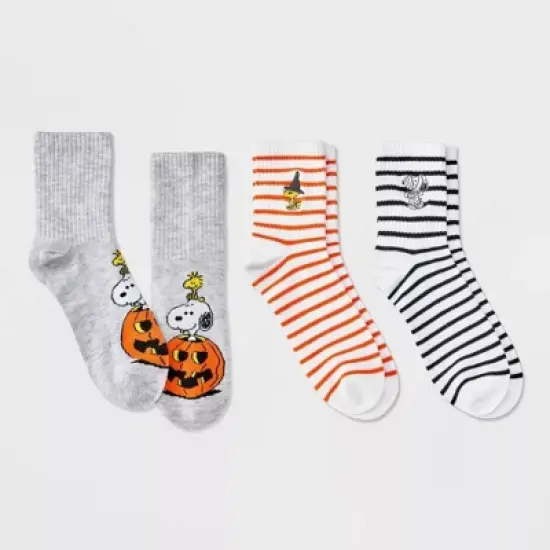 Women's Peanuts Embroidered Halloween 3pk Mid Crews Socks - White/Orange/Black image {3}