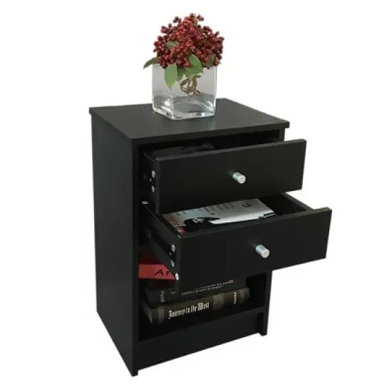 40 x 30 x 60cm Round Handle Night Stand with Two Drawer Black image {1}