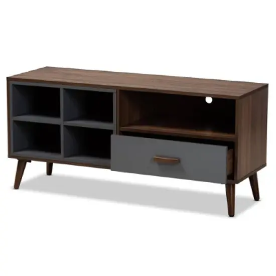 Garrick Two-Toned Wood 1 Drawer TV Stand for TVs up to 50" Gray/Walnut Brown - Baxton Studio image {1}